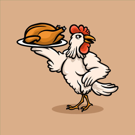 Rooster holding a plate of chicken. Vector illustration on brown background.のイラスト素材