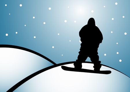 Black standing silhoutte of snowboarder on hill.のイラスト素材
