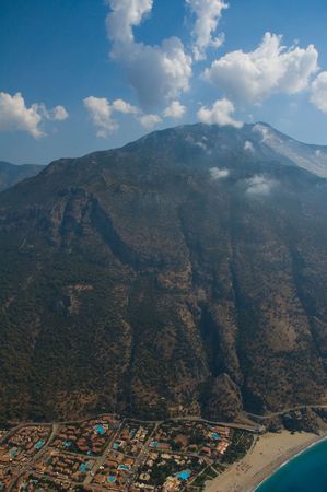 Aerial view on the Baba-Daga mountain and located near its slope Oludeniz town, Turkeyの写真素材