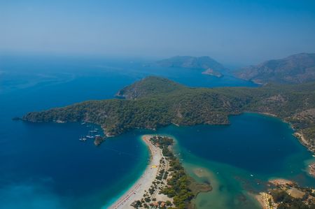 Aerial view on so called "Azure Lagoon" at the coast of the Mediterranean sea in Oludeniz, Turkeyの写真素材