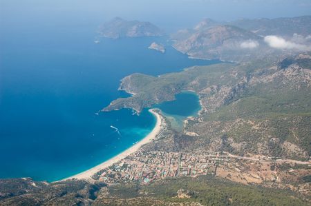 Aerial view on the coast of the Mediterranean sea in Oludeniz, Turkeyの写真素材