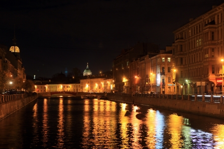 A view from the Blue Bridge on the River Sink and the dome of the Kazan Cathedral at night  St  Petersburg, Russia のeditorial素材