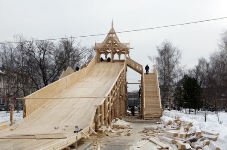 Preparations for the carnival  Construction of a hill in the center of the city of Vologda, Russiaの写真素材