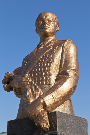 Bust to Sergei Leonidovich Sokolov against the blue sky in the city of Evpatoria, Republic of Crimea, Russiaのeditorial素材