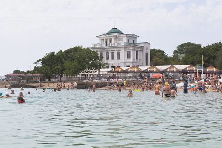 Evpatoria, Crimea, Russia - June 29, 2018: View of the Terentiev dacha and the DRC beach Smaragdovy from the sea in Evpatoria, Crimeaのeditorial素材