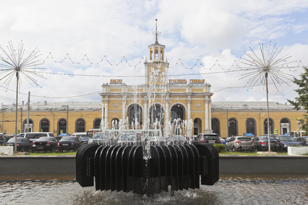 Yaroslavl, Russia - July 9, 2018: Fountain close up against the background of the building of the railway station Yaroslavl-Glavnyのeditorial素材