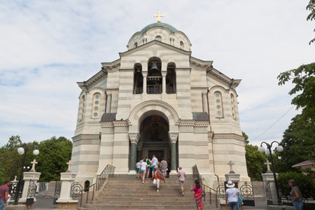 Sevastopol, Crimea, Russia - July 24, 2019: Cathedral of the Holy Prince Vladimir on the central city hill of the city of Sevastopol, Crimeaのeditorial素材