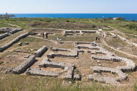 Sevastopol, Crimea, Russia - July 26, 2019: Remains of the medieval Five-Apse Temple in Tauric Chersonesos, Sevastopol, Crimeaのeditorial素材