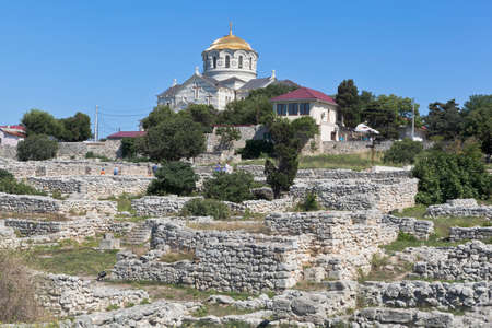 Sevastopol, Crimea, Russia - July 26, 2019: Ruins of an ancient settlement in the historical and archaeological museum-reserve of Tauric Chersonesos in the city of Sevastopol, Crimeaのeditorial素材