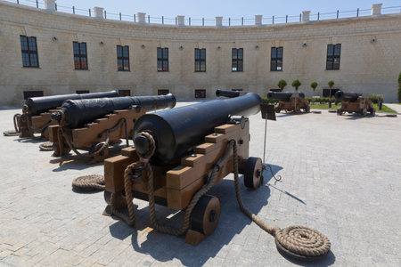 Sevastopol, Crimea, Russia - July 25, 2019: Guns in the courtyard of the Konstantinovskaya Battery...
