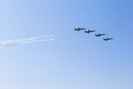Sevastopol, Crimea, Russia - July 28, 2019: Su-24 aircraft salute with heat traps at the Navy Day...