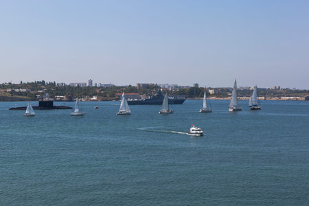 Sevastopol, Crimea, Russia - July 28, 2019: Dmitry Rogachev patrol ship takes place at the parade in...