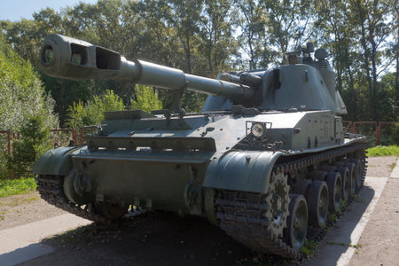 Vologda, Russia - August 20, 2019: 152-mm self-propelled howitzer 2S3M Acacia in Victory Park in the...