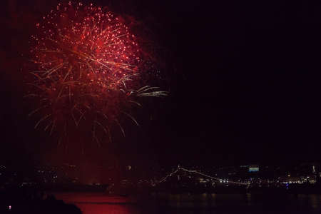 Sevastopol, Crimea, Russia - July 28, 2019: Fireworks in honor of the Navy Day in the Sevastopol Bay, Crimeaのeditorial素材