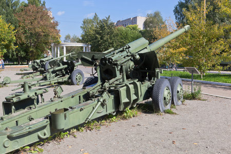 Vologda, Russia - August 20, 2019: Long-range gun Hyacinth-B 2A36 in the Victory Park of the city of...
