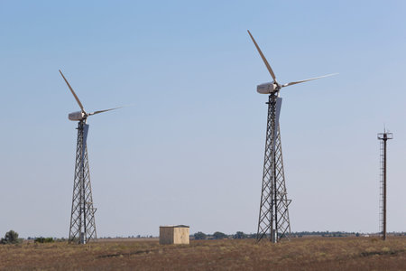 Wind turbines at the Vorobyovskaya wind farm in the Saksky district of Crimea, Russia