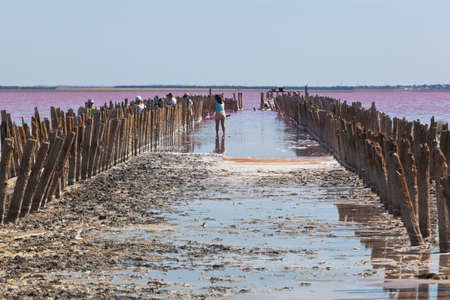 Evpatoria, Crimea, Russia - July 23, 2020: Remains of a wooden dam on the pink lake Sasyk-Sivash near the city of Evpatoria, Crimeaのeditorial素材