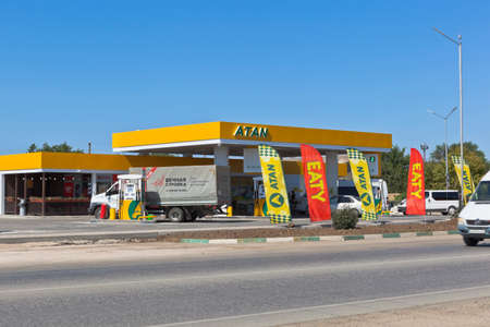 Saki, Crimea, Russia - July 23, 2020: Gas station of the Atan company on Evpatoria highway in the city of Saki, Crimeaのeditorial素材