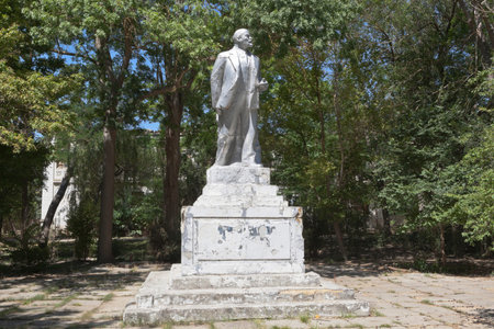 Saki, Crimea, Russia - July 23, 2020: Decaying monument to Vladimir Ilyich Lenin in the Saki resort...