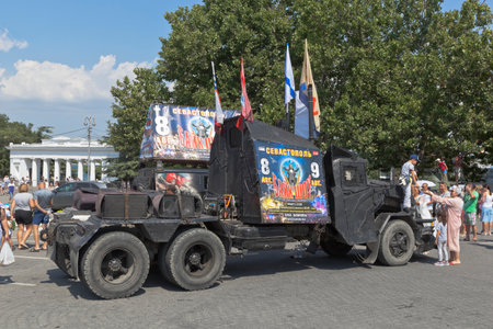 Sevastopol, Crimea, Russia - July 26, 2020: Biker car Mad Max on Nakhimov Square on Navy Day in the city of Sevastopol, Crimeaのeditorial素材