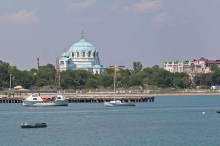 Evpatoria, Crimea, Russia - July 19, 2021: View from the sea on the Cathedral of St. Nicholas the Wonderworker in the city of Evpatoria, Crimeaのeditorial素材