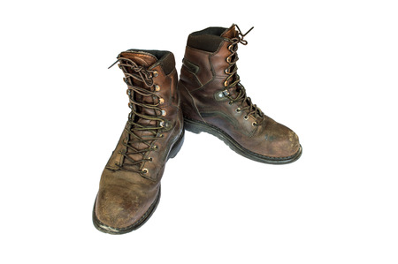 Old brown leather steel toe work  boots men\\の写真素材