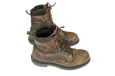 Old brown leather steel toe work  boots men\\の写真素材