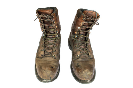 Old brown leather steel toe work  boots men\\の写真素材