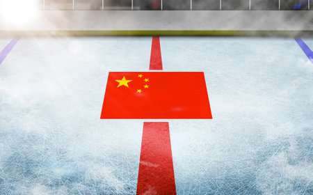 Chinese flag in ice hockey rinkの写真素材