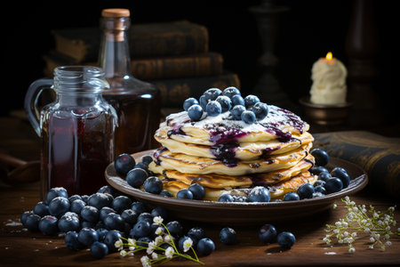 Pancakes with blueberries and maple syrup on a wooden tableの素材