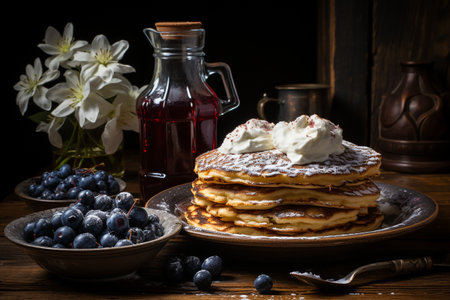 Pancakes with blueberries and whipped cream on a wooden tableの素材
