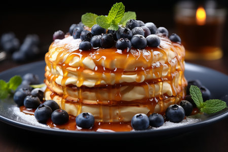 Pancakes with blueberries and maple syrup on a dark backgroundの素材