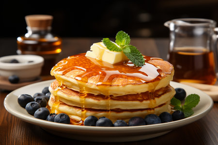 Stack of pancakes with fresh blueberries and maple syrup on a plateの素材