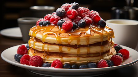Stack of pancakes with fresh berries and maple syrup on a wooden tableの素材
