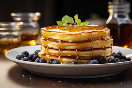 Stack of pancakes with blueberries and maple syrup on a wooden tableの素材