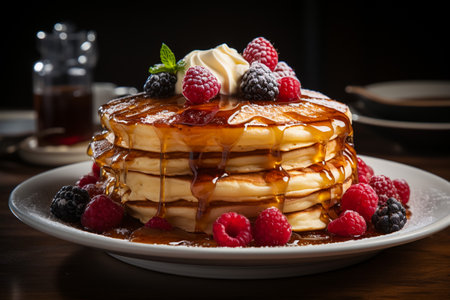 Stack of pancakes with fresh raspberries, blackberries and maple syrupの素材