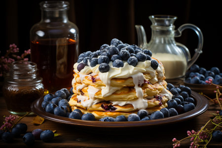 Pancakes with blueberries and sour cream on a wooden tableの素材