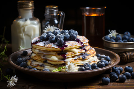 Pancakes with blueberries and maple syrup on a wooden backgroundの素材