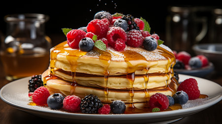 Pancakes with fresh berries and maple syrup on a wooden tableの素材