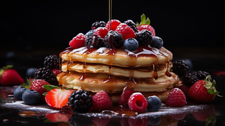 Pancakes with fresh berries and maple syrup on a black backgroundの素材