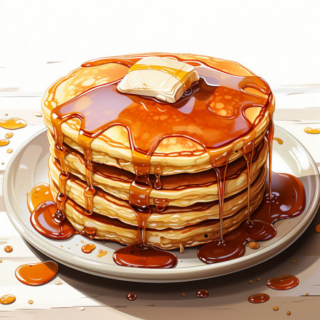 Pancakes with caramel syrup on a plate on a wooden backgroundの素材