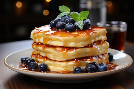 Stack of pancakes with blueberries and maple syrup on wooden table, closeupの素材