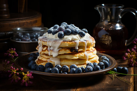 Pancakes with blueberries and sour cream on a wooden tableの素材
