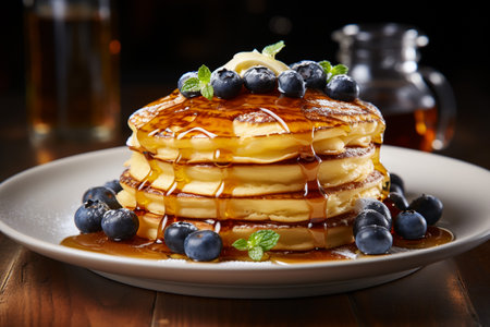 Pancakes with blueberries and maple syrup on a wooden tableの素材