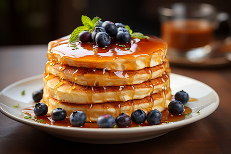 Pancakes with blueberries and maple syrup on a wooden tableの素材