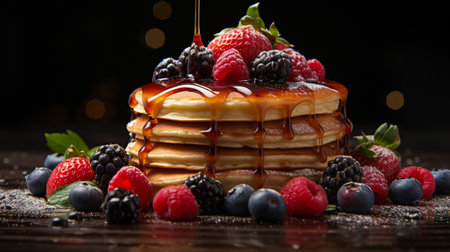 Pancakes with berries and maple syrup on a wooden background.の素材
