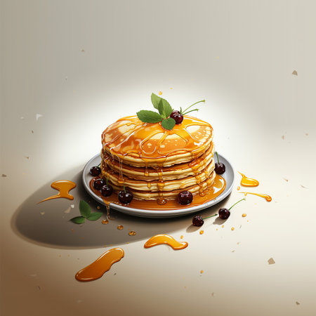 Pancakes with cherry and honey on a plate. Vector illustrationの素材