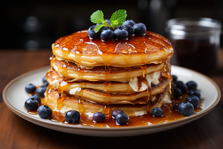 Pancakes with blueberries and maple syrup on a wooden tableの素材