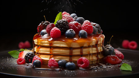Pancakes with fresh berries and maple syrup on a black backgroundの素材
