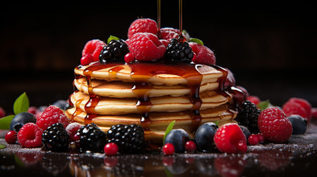 Pancakes with fresh berries and maple syrup on a black backgroundの素材